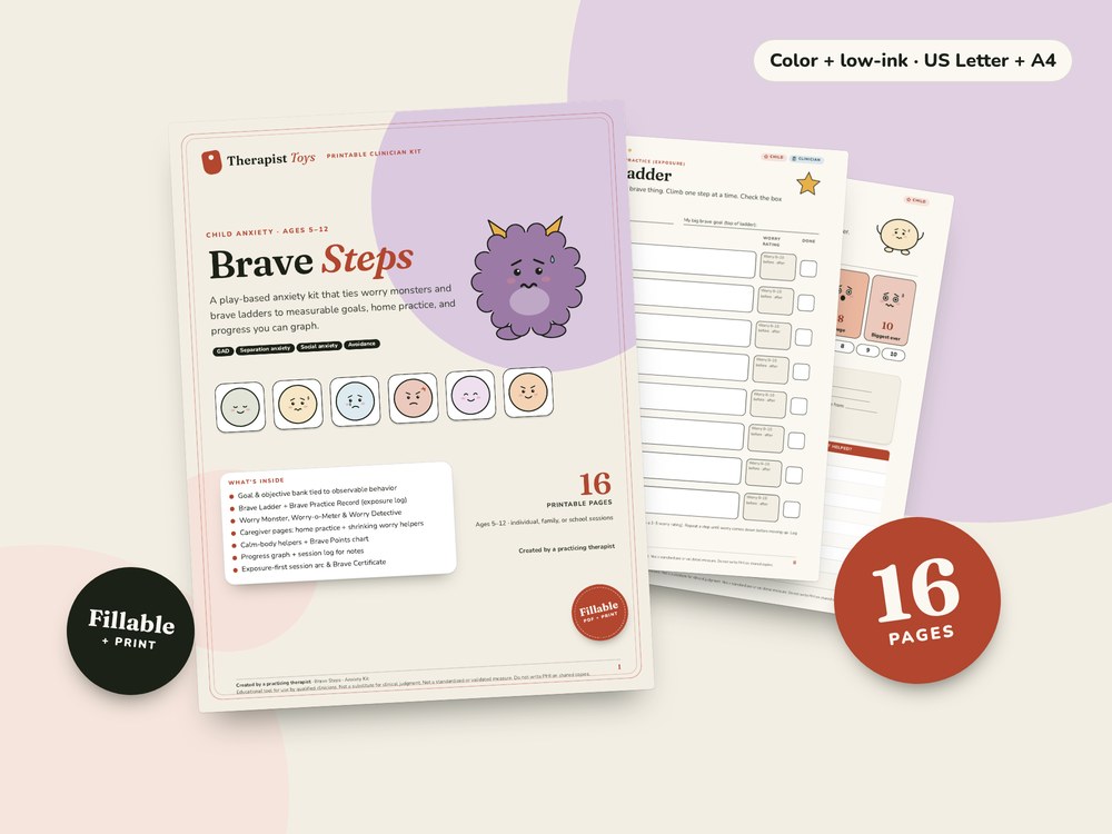 Brave Steps — Child Anxiety Treatment & Play Kit: printable PDF cover and sample pages