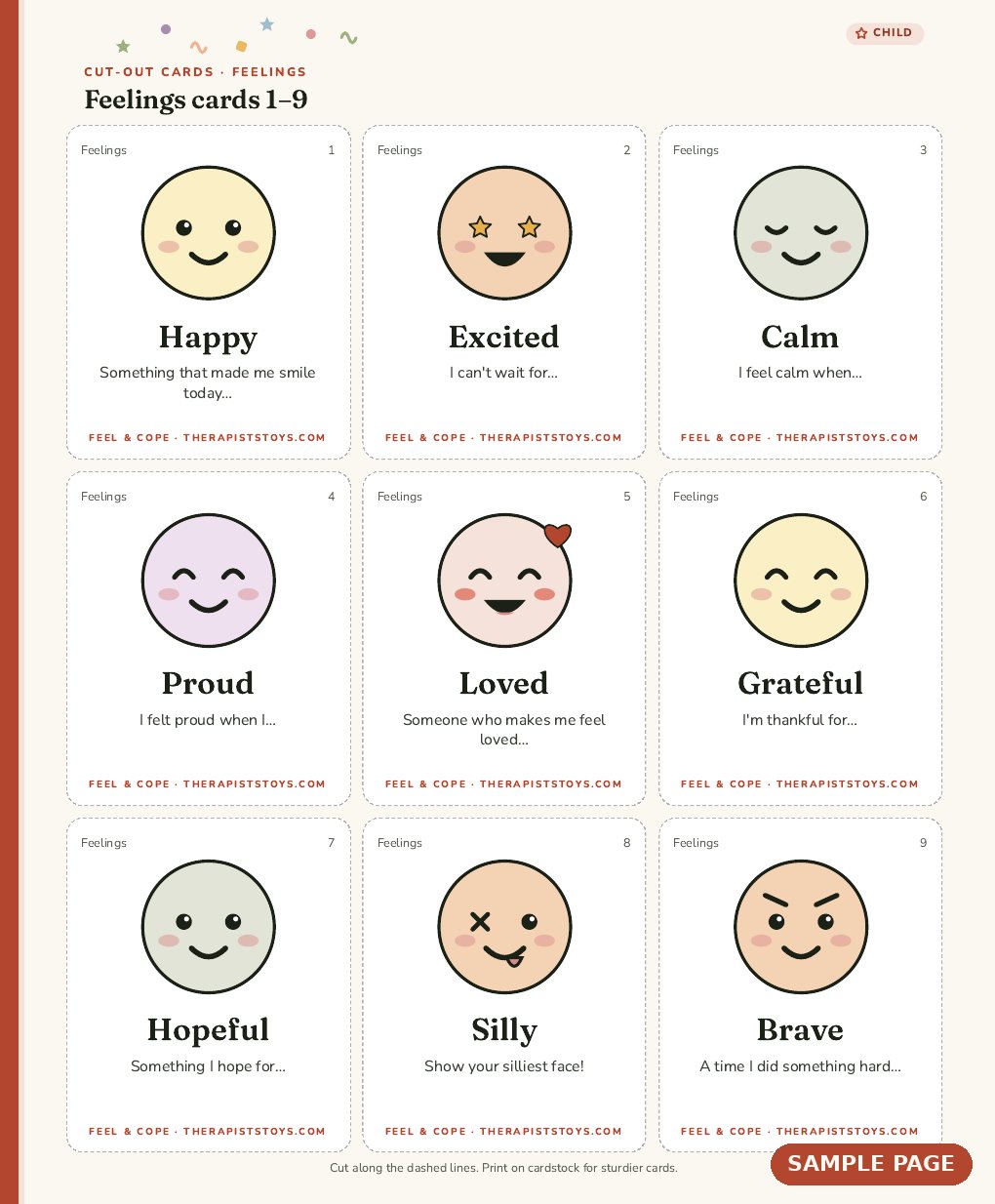 Sample page from Feel & Cope: Feelings cards 1–9