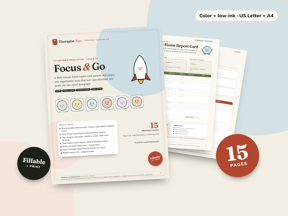 Focus & Go — ADHD Attention & Regulation Kit: printable PDF cover and sample pages