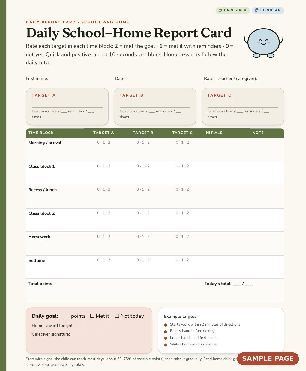 Sample page from Focus & Go: Daily School–Home Report Card