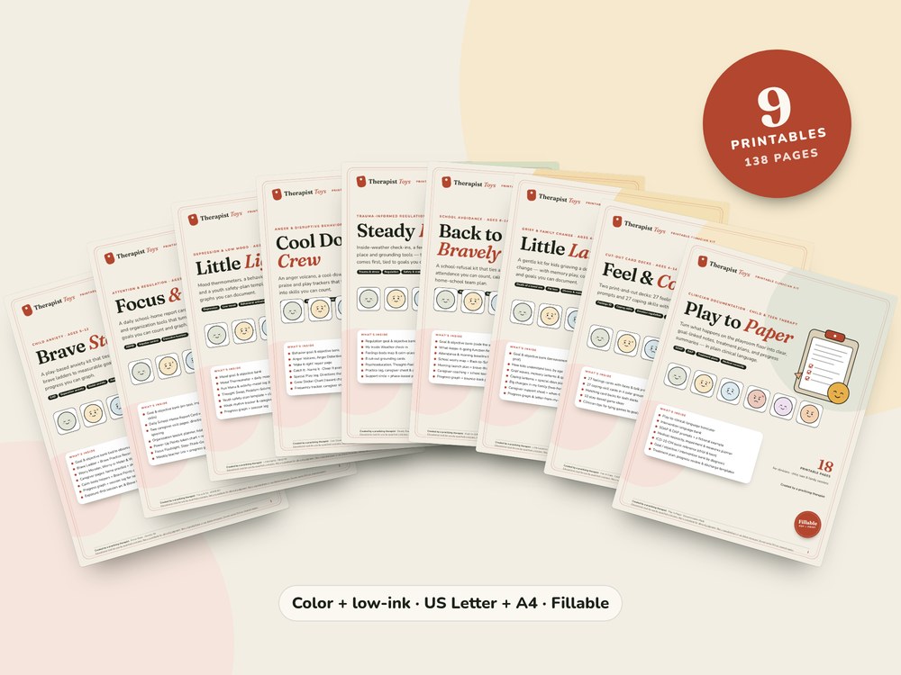 Therapist Toys Complete Kit Library: all nine printable PDF covers fanned out