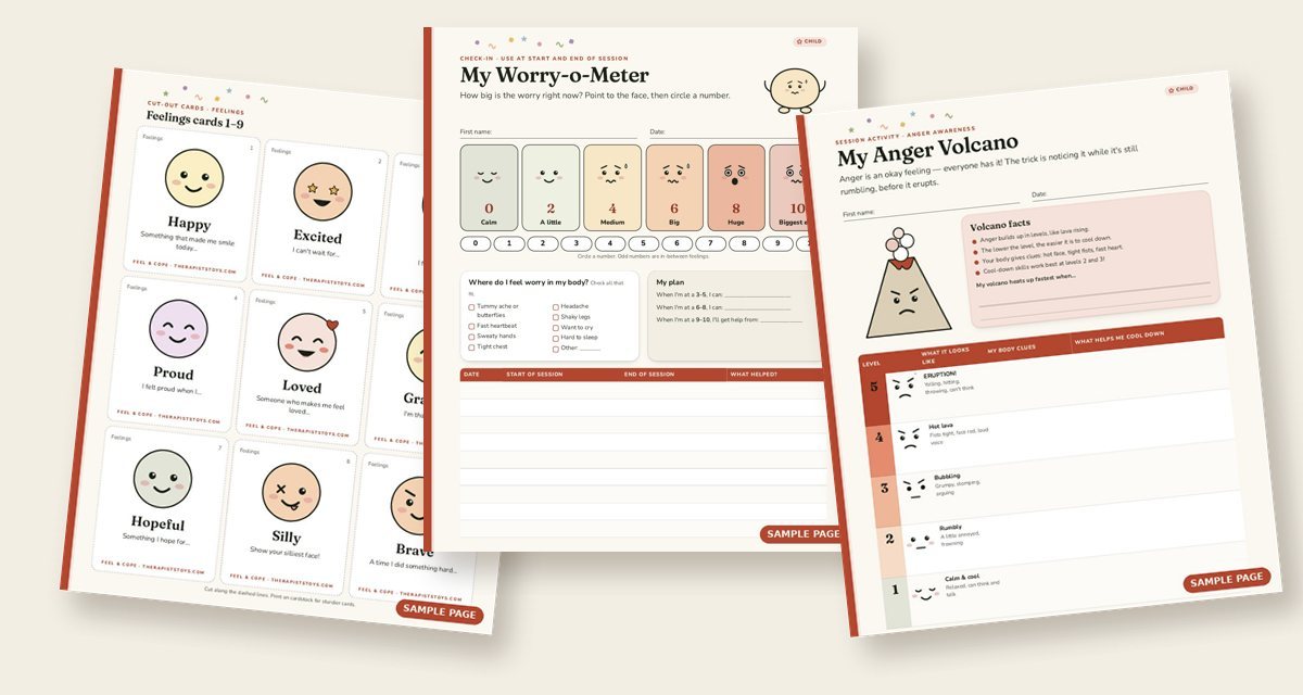 Three sample pages from the printable kits: a sheet of feelings cards, a Worry-o-Meter check-in, and an Anger Volcano worksheet