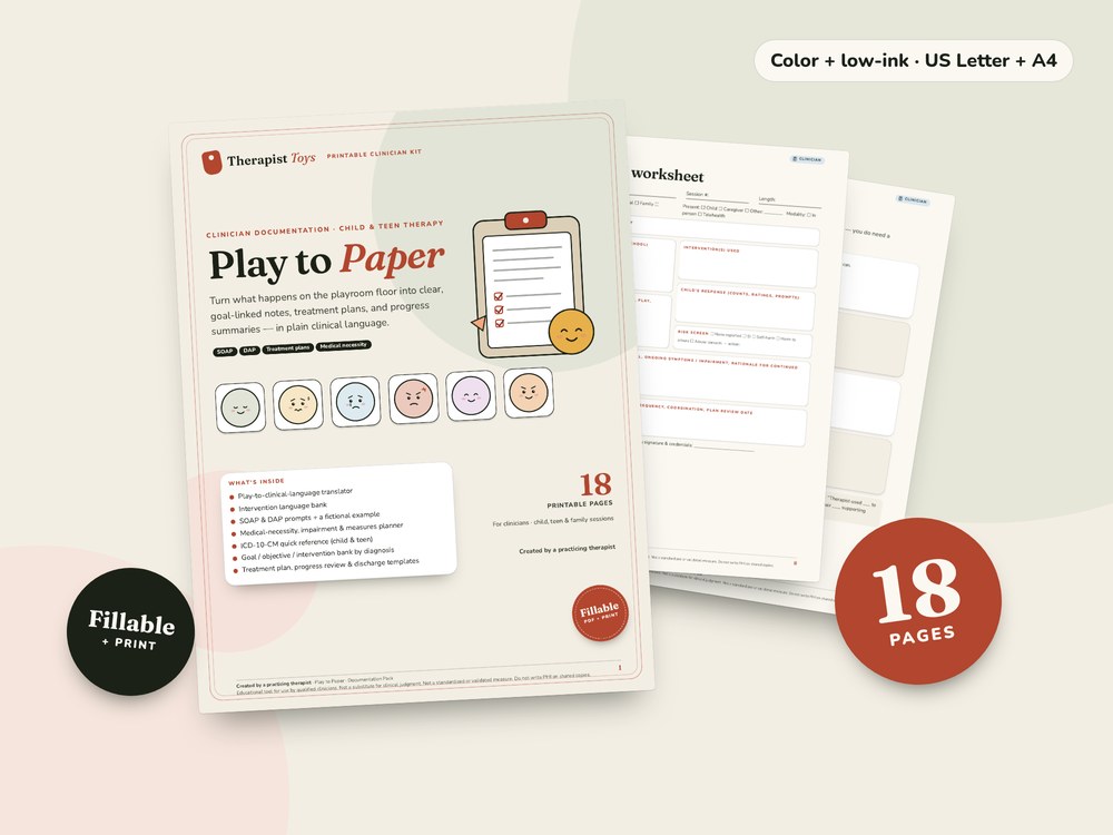 Play to Paper — Child Therapy Documentation Pack: printable PDF cover and sample pages