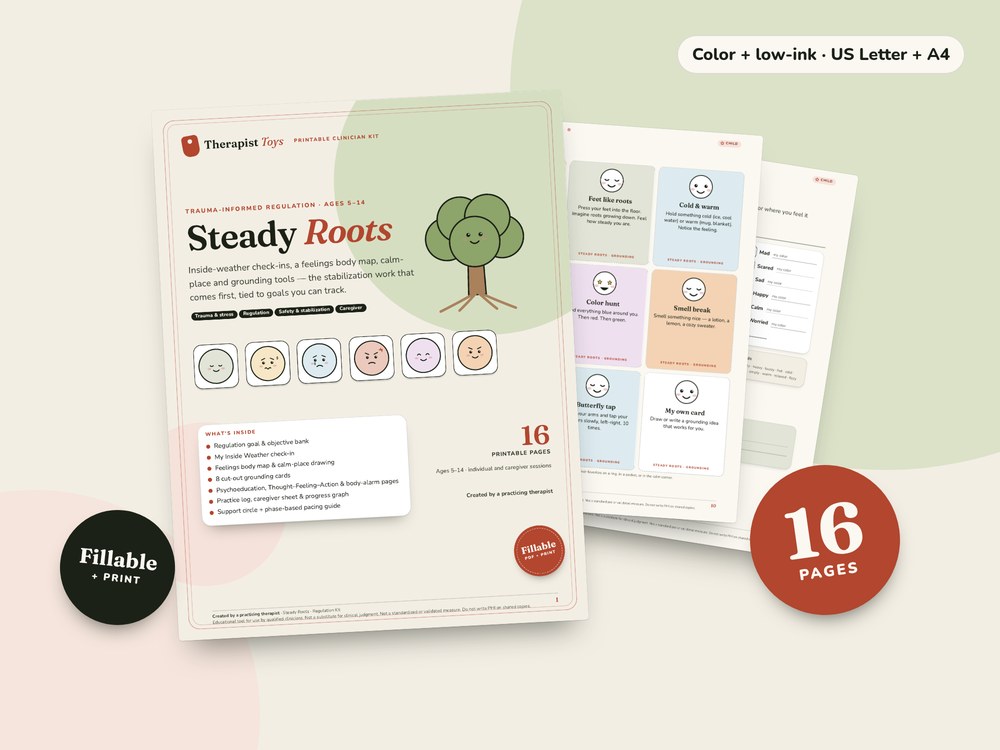 Steady Roots — Trauma-Informed Regulation Kit: printable PDF cover and sample pages